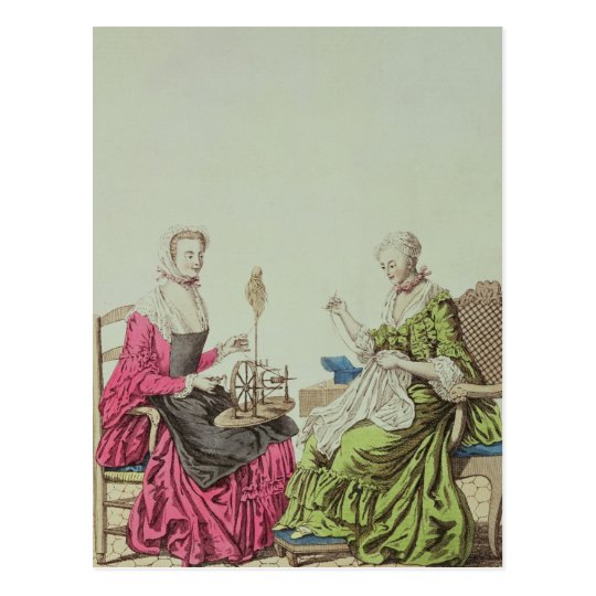Ladies spinning and sewing, c.1765 postcard