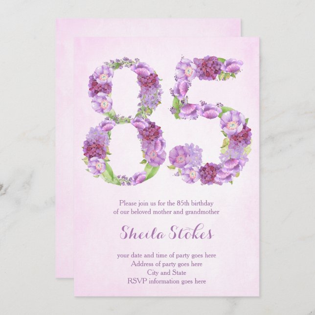 lady 85th birthday invitations, lavender invites (Front/Back)