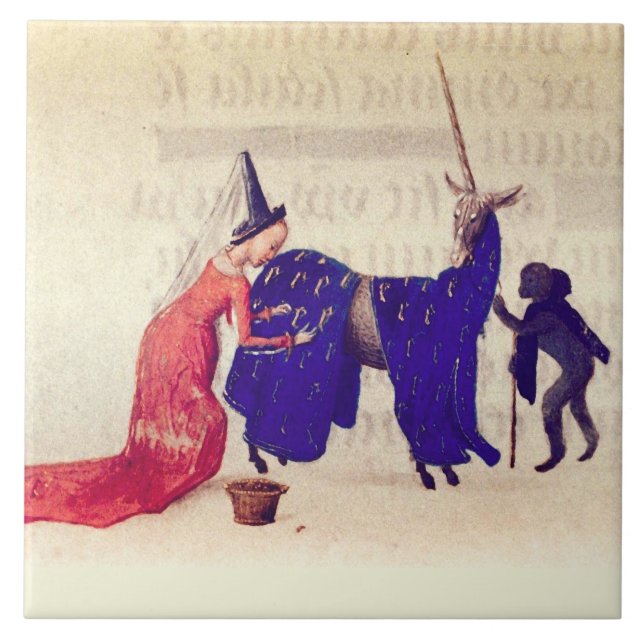 LADY ADJUSTING TRAPPINGS ON UNICORN HELD BY MONKEY TILE (Front)