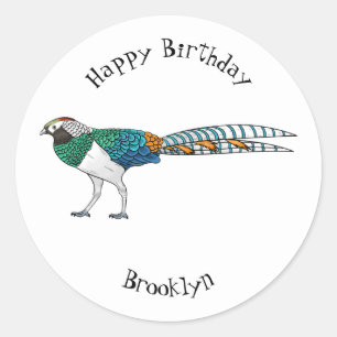 Lady amherst's pheasant bird cartoon illustration classic round sticker