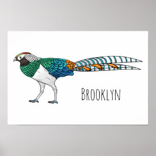 Lady amherst's pheasant bird cartoon illustration poster