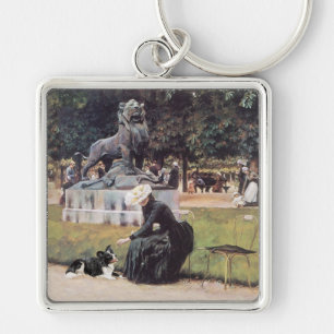 Lady and Border Collie in Park Keychain