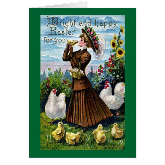 Lady and Chickens Vintage Easter Card