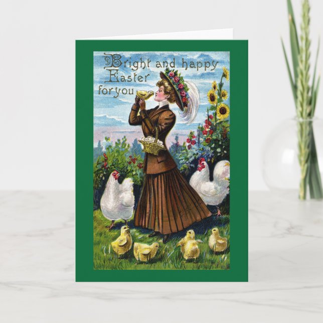 Lady and Chickens Vintage Easter Holiday Card (Front)