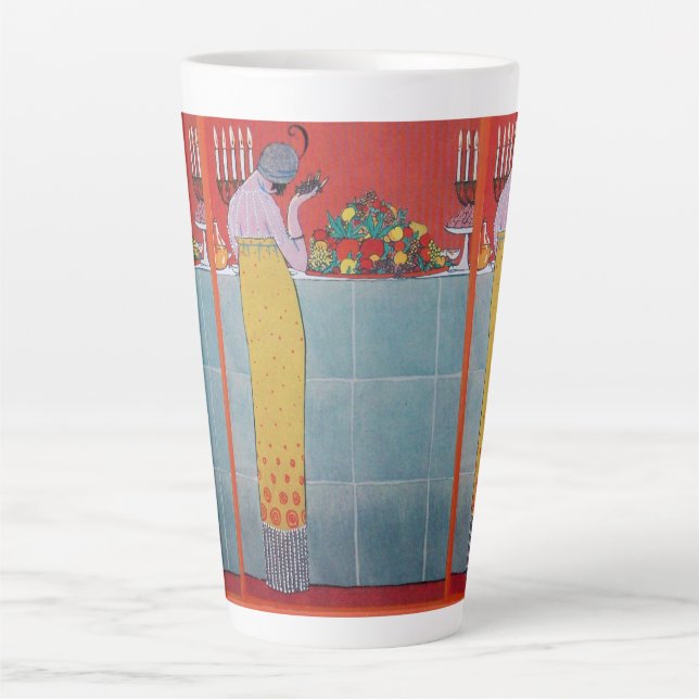 LADY AND FRUITS TABLE SET ART DECO BEAUTY FASHION LATTE MUG (Front)