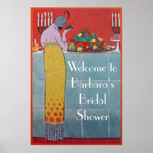 LADY AND FRUITS TABLE SET ART DECO WEDDING SHOWER POSTER