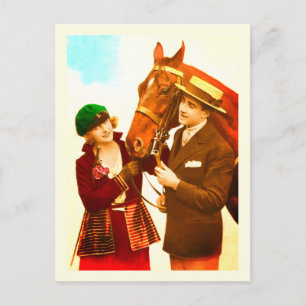 Lady and gent with horse vintage art postcard