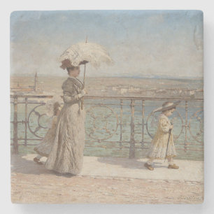 Lady and Girls Strolling on an Italian Bridge Stone Coaster