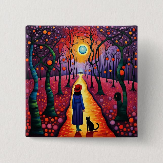 Lady and her cat in Plum Grove 2 Inch Square Button (Front)