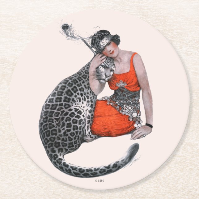 Lady and Leopard Round Paper Coaster (Front)