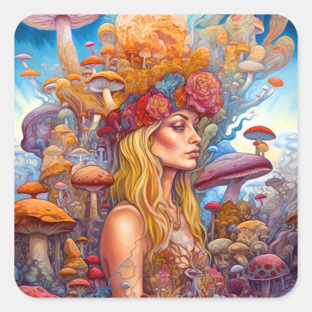 Lady And Mushrooms Surreal Fantasy Art Square Sticker (Front)