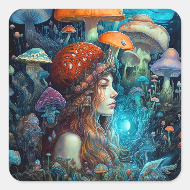 Lady And Mushrooms Surreal Fantasy Art Square Sticker (Front)