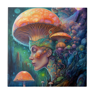Lady And Mushrooms Surreal Fantasy Art Tile