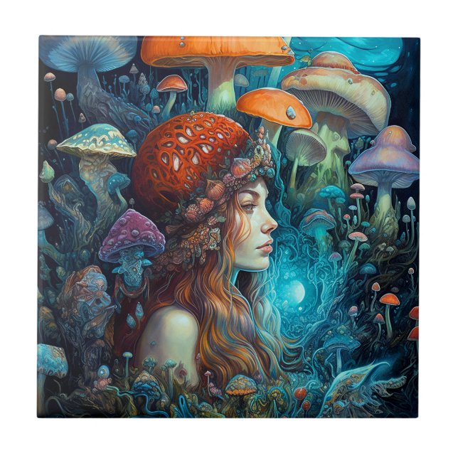 Lady And Mushrooms Surreal Fantasy Art Tile (Front)