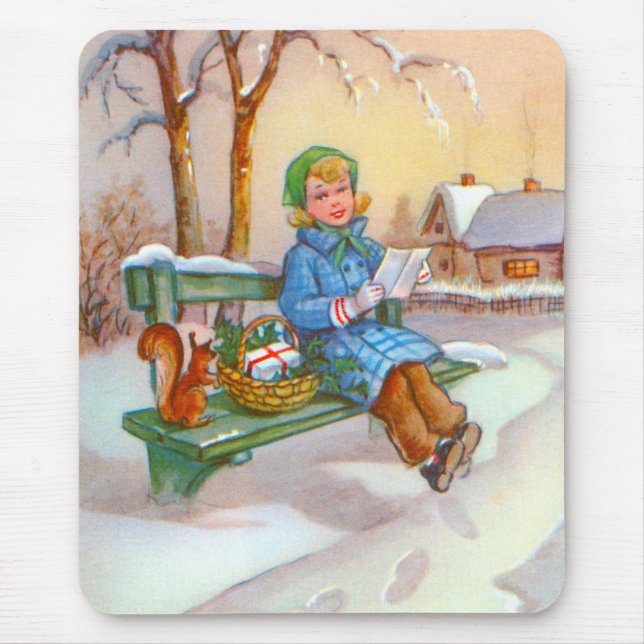 Lady and squirrel vintage art mouse pad (Front)
