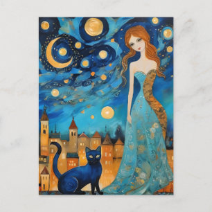 Lady and the Cat in the City at Night Postcard