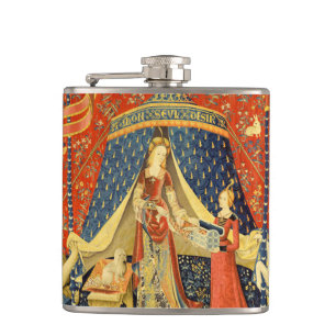 Lady and The Unicorn Medieval Tapestry: French Art Hip Flask