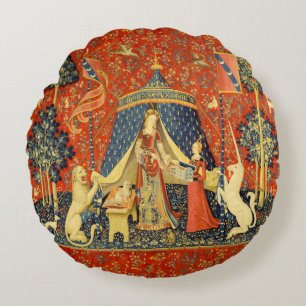 Lady and The Unicorn Medieval Tapestry: French Art Round Pillow