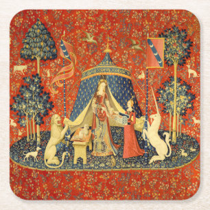 Lady and The Unicorn Medieval Tapestry: French Art Square Paper Coaster