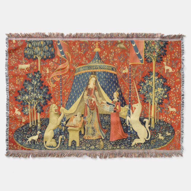 Lady and The Unicorn Medieval Tapestry: French Art Throw Blanket (Front)