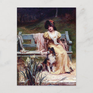 Lady and Two Pet Dogs painting Postcard
