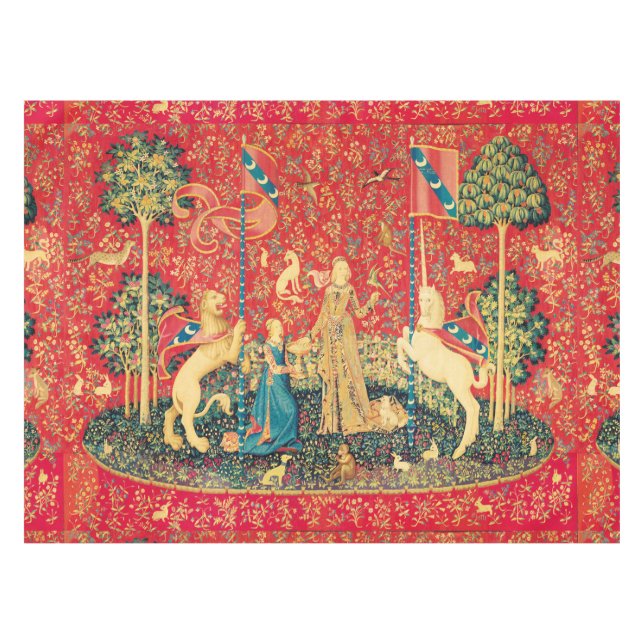 LADY AND UNICORN ,FANTASY FLOWERS,ANIMALS ,FLORAL  TABLECLOTH (Front (Horizontal))