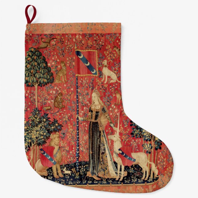LADY AND UNICORN Fantasy Flowers,Animals Large Christmas Stocking (Front)