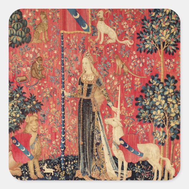 LADY AND UNICORN Fantasy Flowers,Animals Square Sticker (Front)