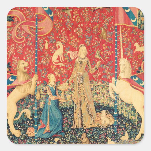 LADY AND UNICORN Fantasy Flowers,Animals Square Sticker (Front)