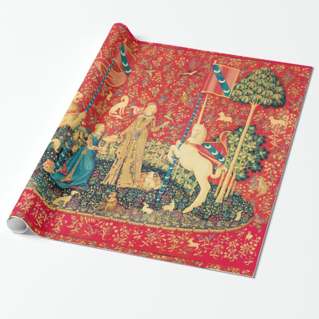 LADY AND UNICORN Lion,Fantasy Flowers,Animals Wrapping Paper (Unrolled)
