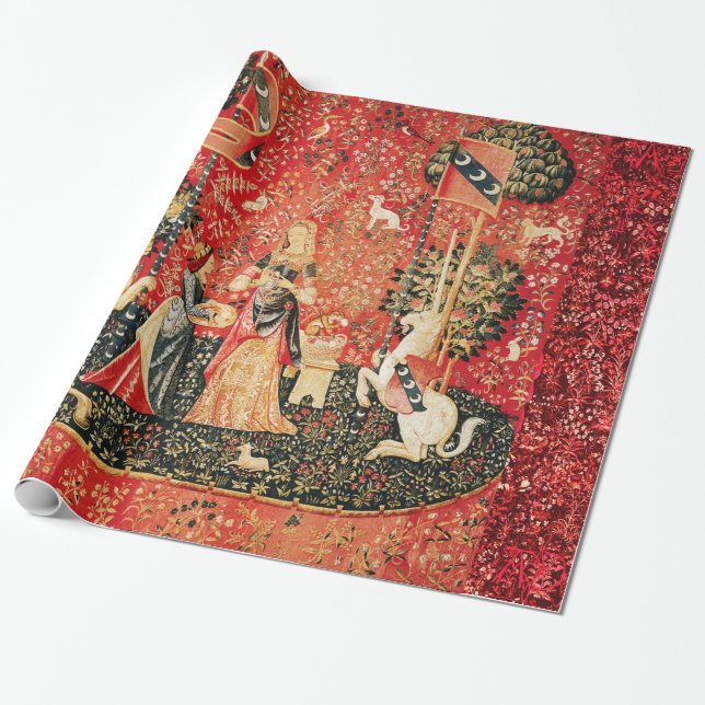 LADY AND UNICORN Lion,Fantasy Flowers,Animals Wrapping Paper (Unrolled)