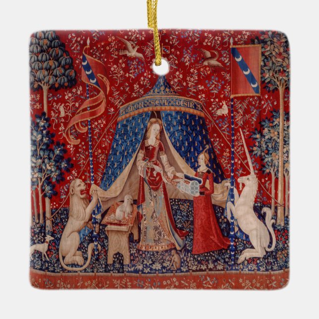 Lady and Unicorn Medieval Tapestry Desire Ceramic Ornament (Front)