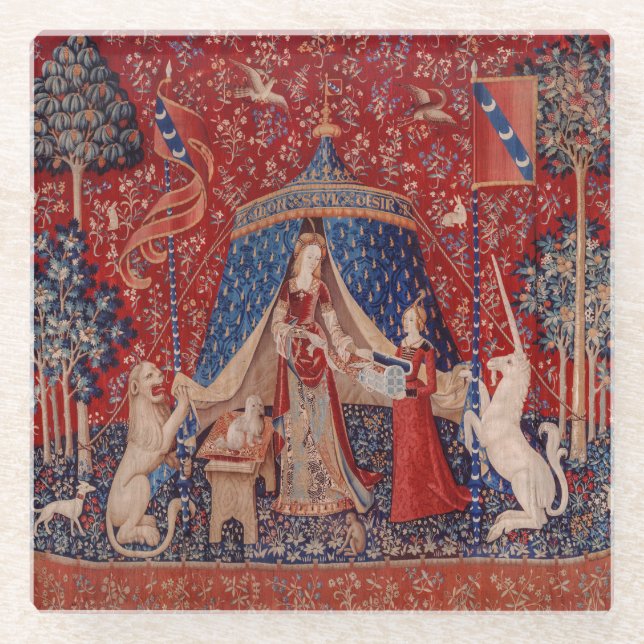 Lady and Unicorn Medieval Tapestry Desire Glass Coaster (Front)