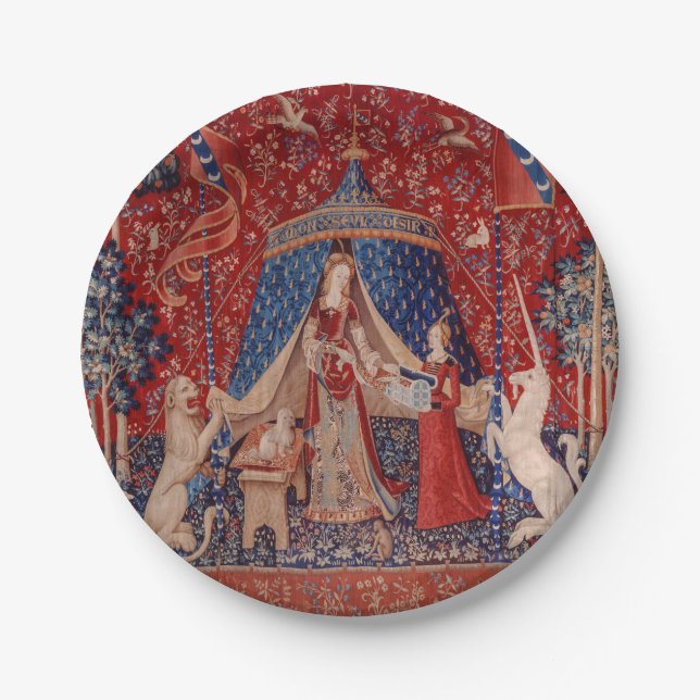 Lady and Unicorn Medieval Tapestry Desire Paper Plate (Front)