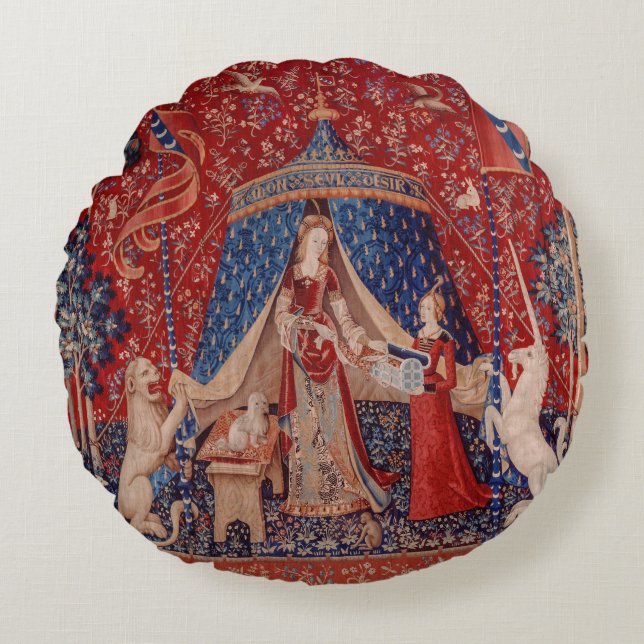Lady and Unicorn Medieval Tapestry Desire Round Pillow (Front)