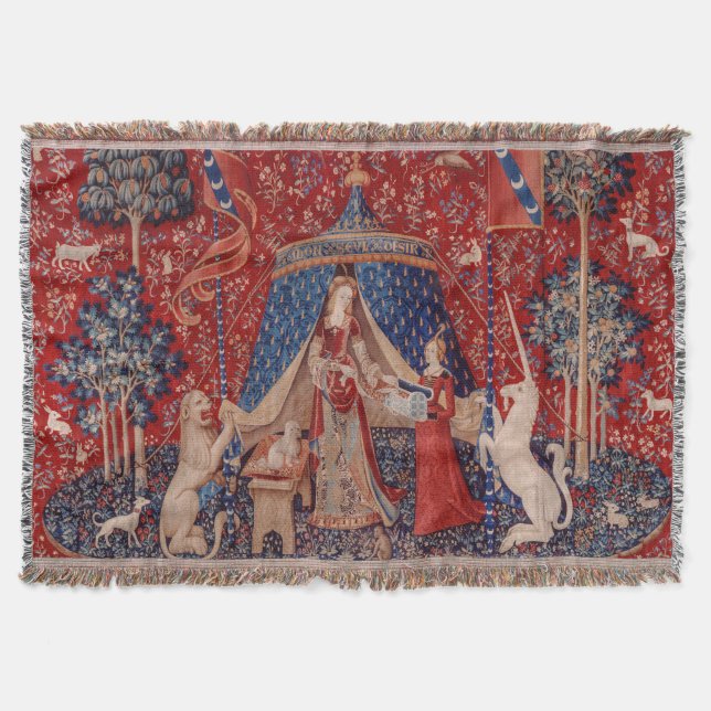 Lady and Unicorn Medieval Tapestry Desire Throw Blanket (Front)