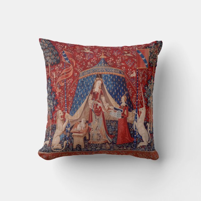 Lady and Unicorn Medieval Tapestry Desire Throw Pillow (Front)