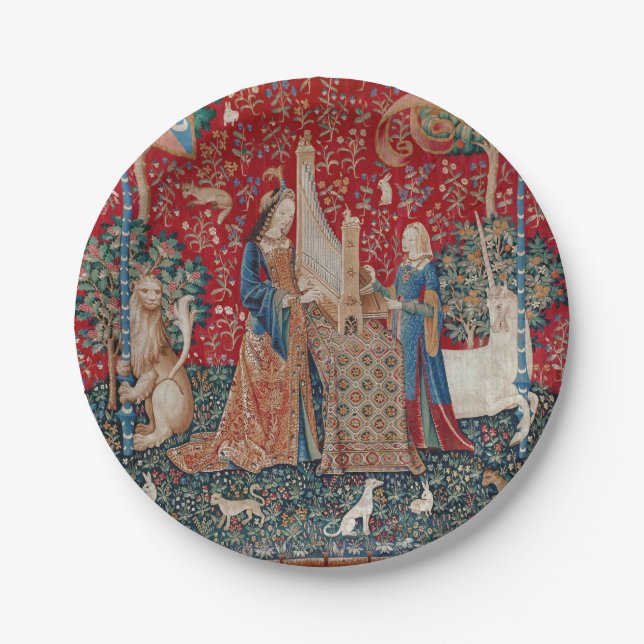 Lady and Unicorn Medieval Tapestry Hearing Paper Plate (Front)