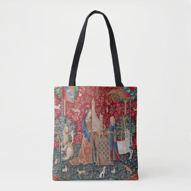 Lady and Unicorn Medieval Tapestry Hearing Tote Bag (Front)