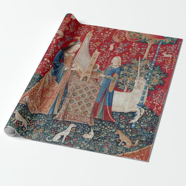 Lady and Unicorn Medieval Tapestry Hearing Wrapping Paper (Unrolled)