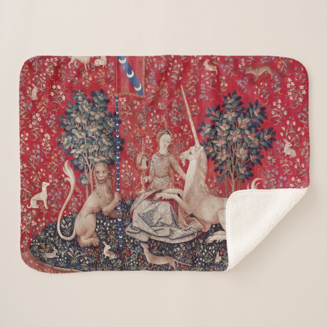 Lady and Unicorn Medieval Tapestry Sight Sherpa Blanket (Front (Horizontal))
