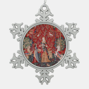 Lady and Unicorn Medieval Tapestry Smell Snowflake Pewter Christmas Ornament
