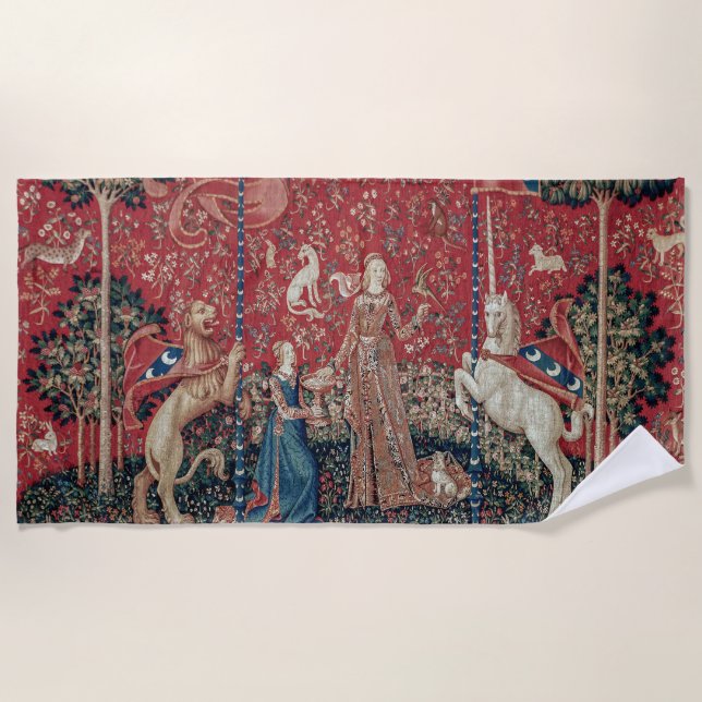 Lady and Unicorn Medieval Tapestry Taste Beach Towel (Front)