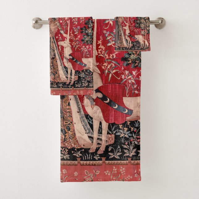 Lady and Unicorn Medieval Tapestry Touch Bath Towel Set (Insitu)