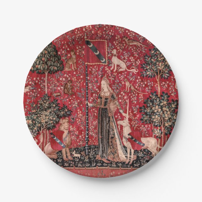 Lady and Unicorn Medieval Tapestry Touch Paper Plate (Front)