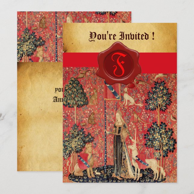 LADY AND UNICORN MONOGRAM RED WAX SEAL PARCHMENT INVITATION (Front/Back)
