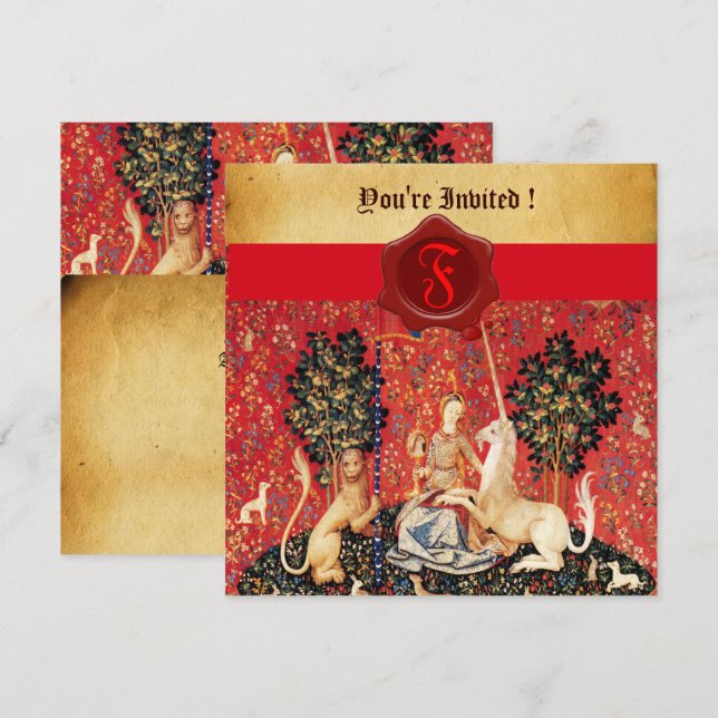 LADY AND UNICORN MONOGRAM RED WAX SEAL PARCHMENT INVITATION (Front/Back)