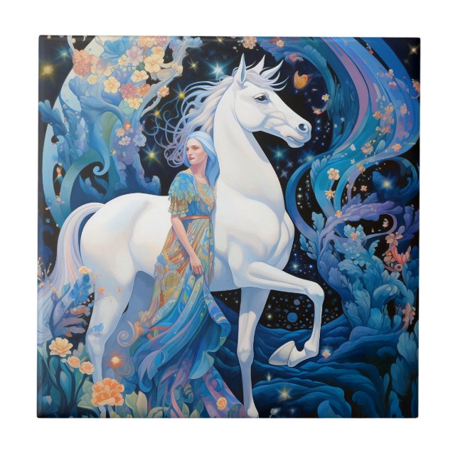 Lady and White Horse Fantasy Art Tile (Front)