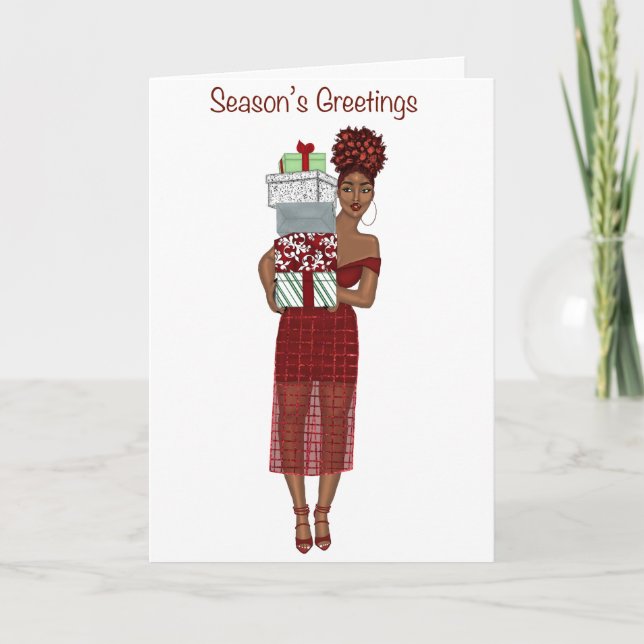 Lady bearing gifts for Christmas Holiday Card (Front)