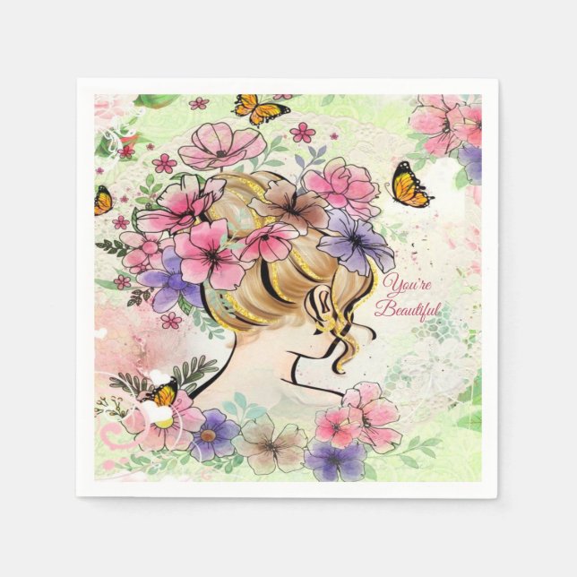 Lady Beautiful Flowers Decoupage Personalized  Napkin (Front)